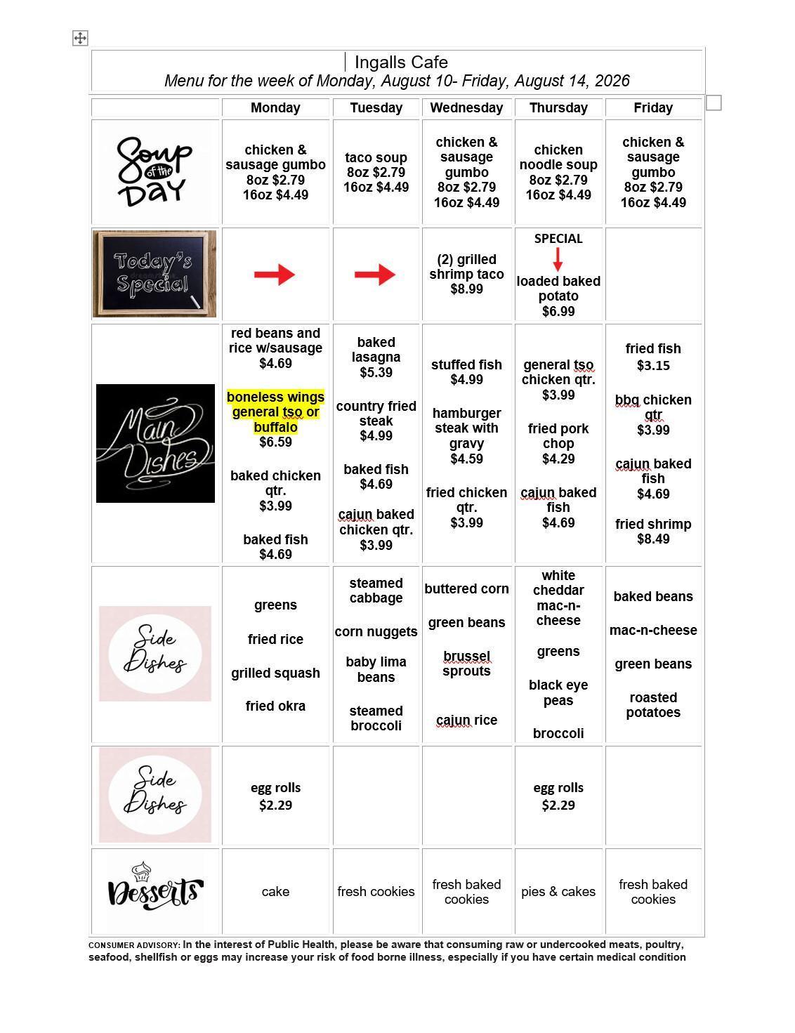 Weekly Cafeteria Menu
