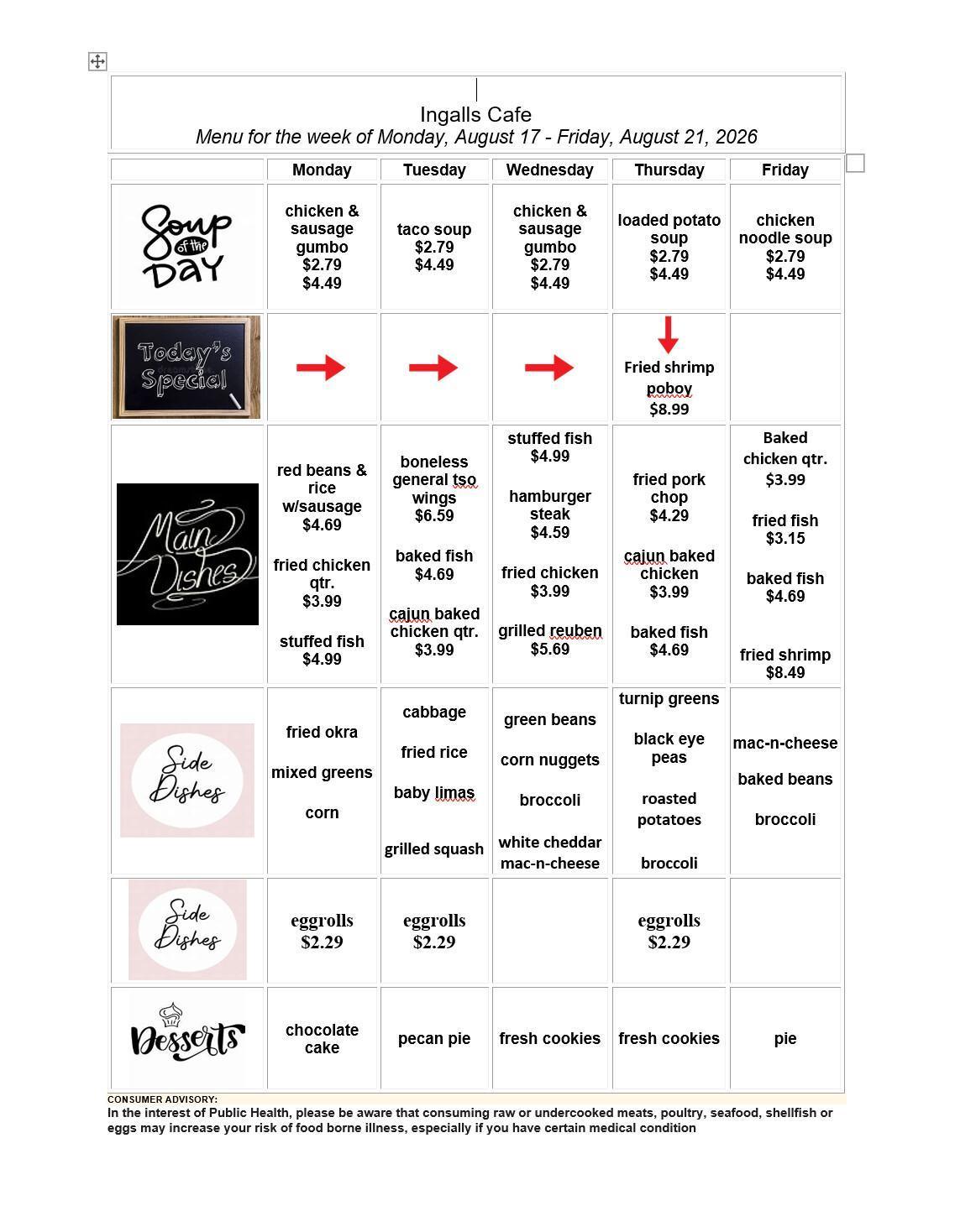 Weekly Cafeteria Menu