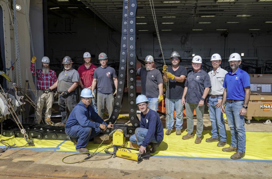 SHIP MILESTONE | Aircraft elevator chain installed on LHA 8 SHIP MILESTONE | Aircraft elevator chain installed on LHA 8