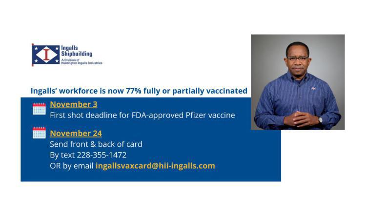 WATCH: Ingalls’ workforce is now 77% fully or partially vaccinated against COVID-19. Watch for a reminder of key dates.