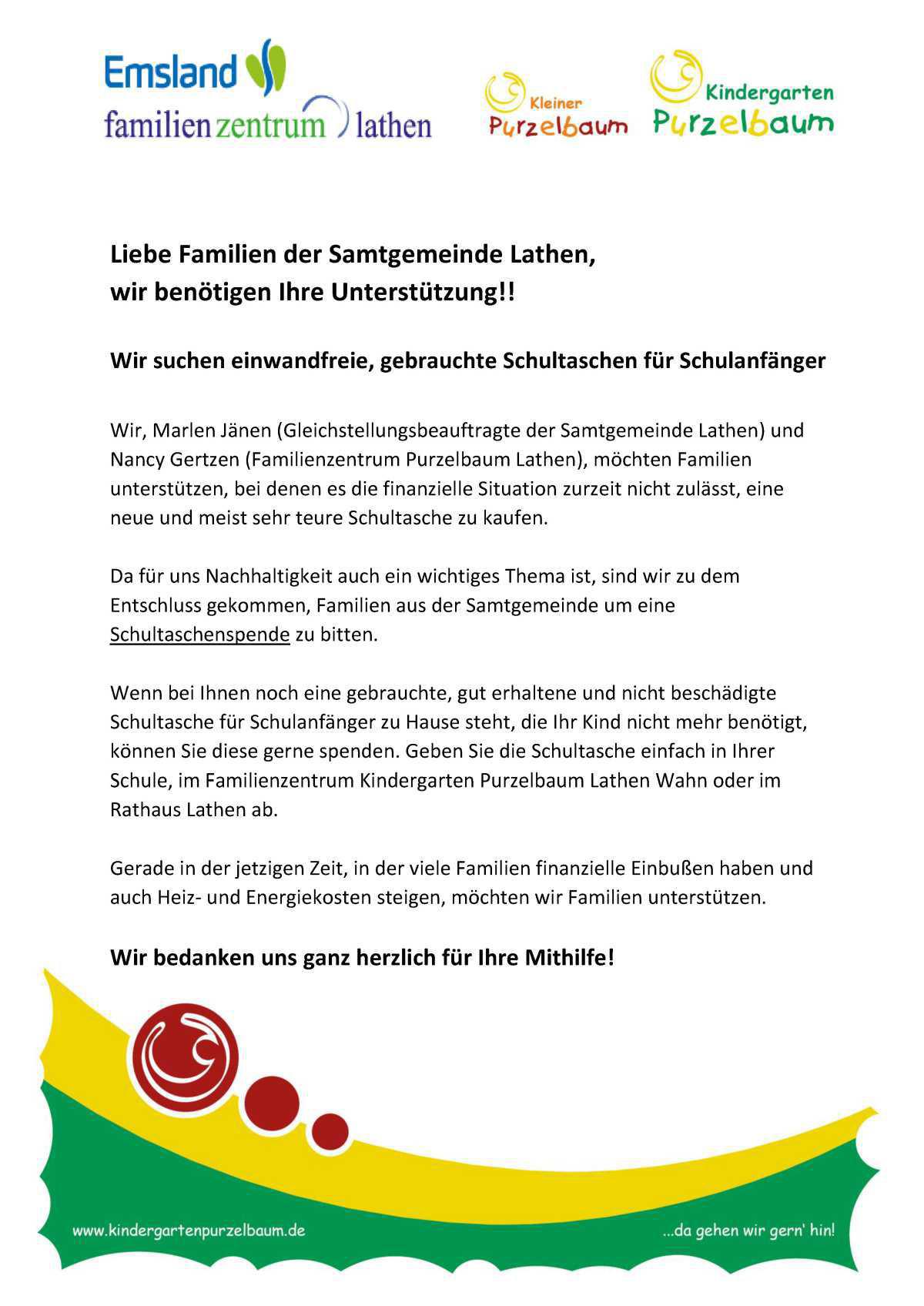 Liebe Familien der Samtgemeinde Lathen, wir benötigen Ihre Unterstützung