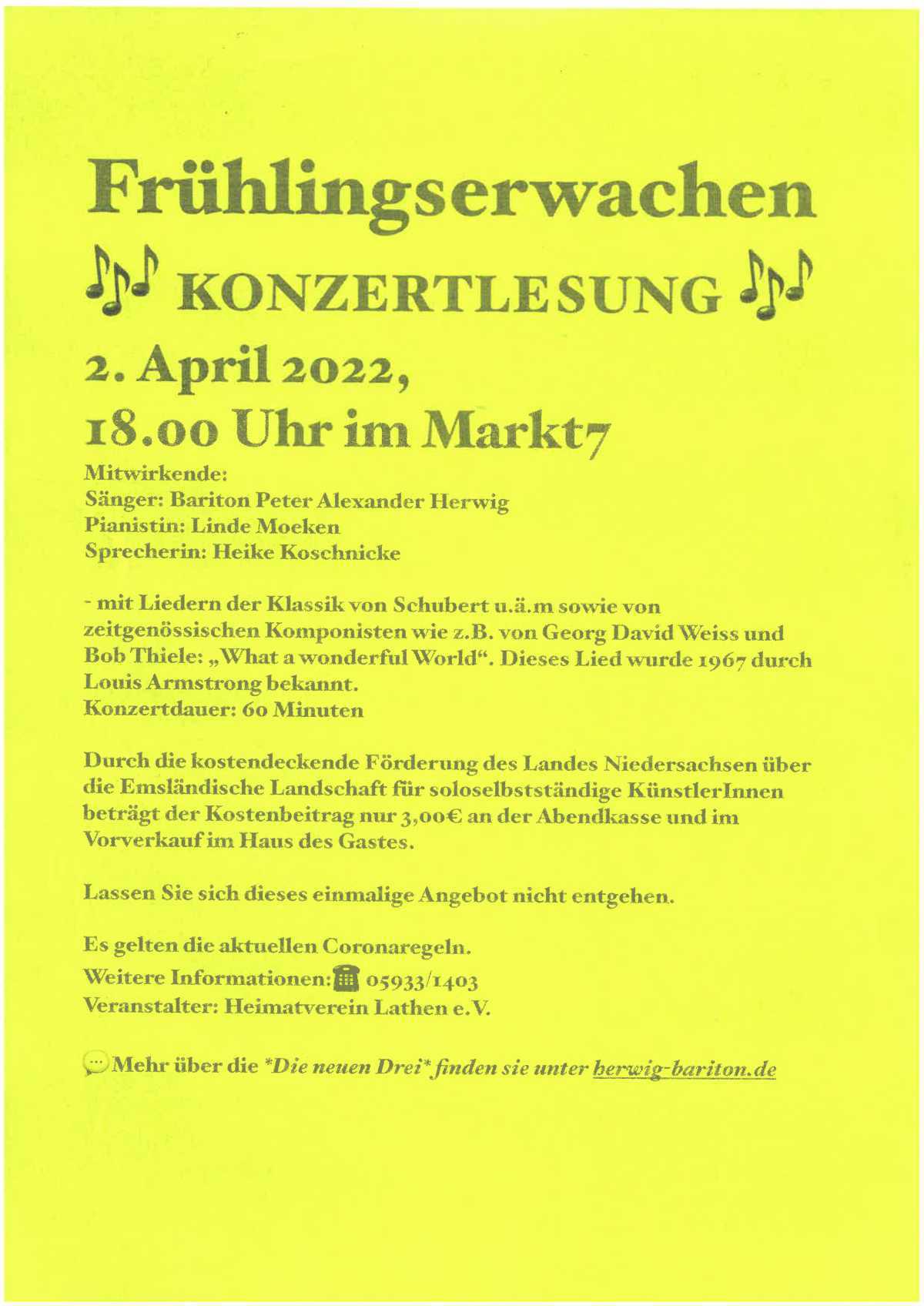 Frühlingserwachen - Ein Liederabend als Konzertlesung am 2. April 2022, 18:00 Uhr im Markt 7