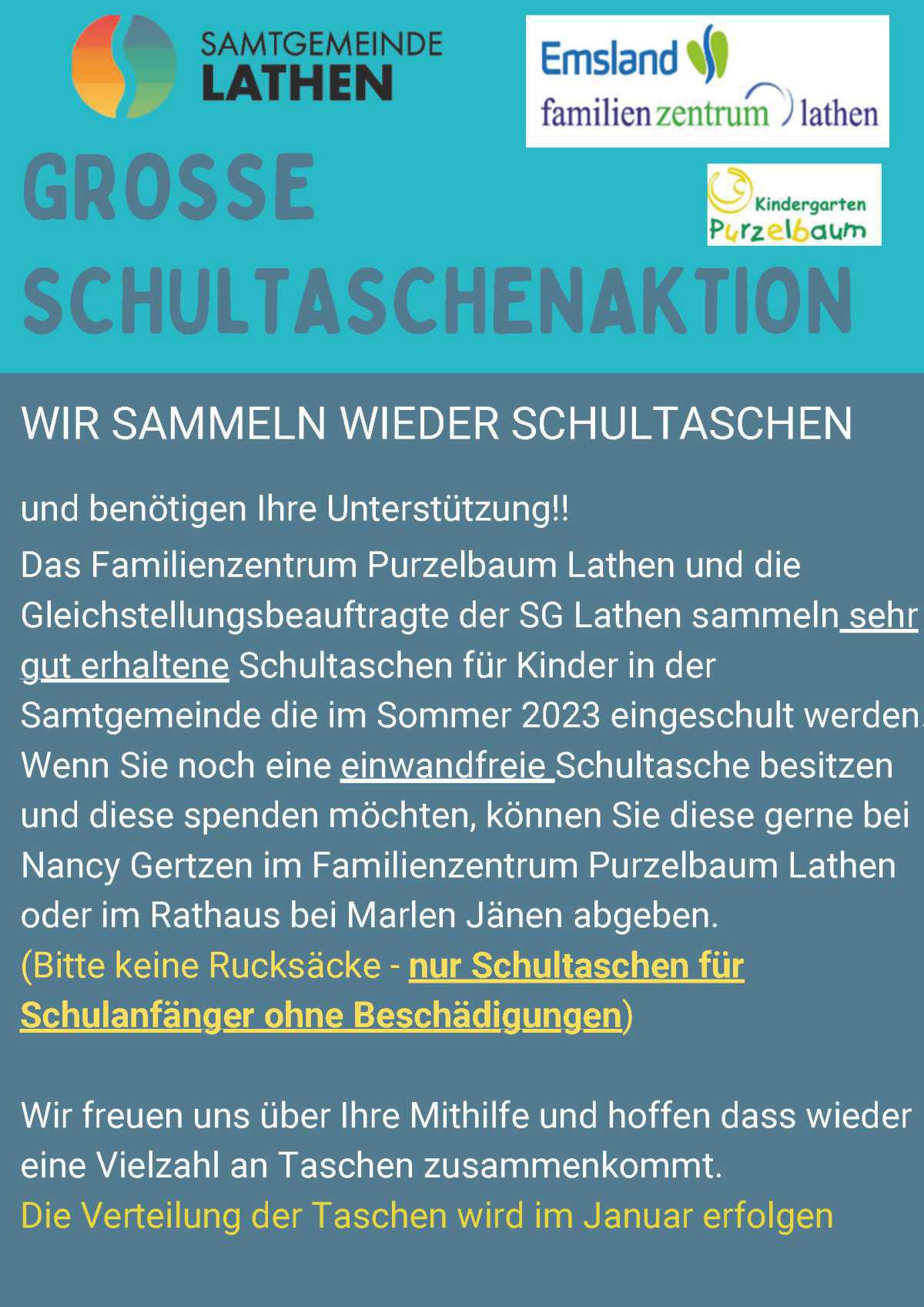 Wir sammeln wieder Schultaschen und benötigen Unterstützung Wir sammeln wieder Schultaschen und benötigen Unterstützung