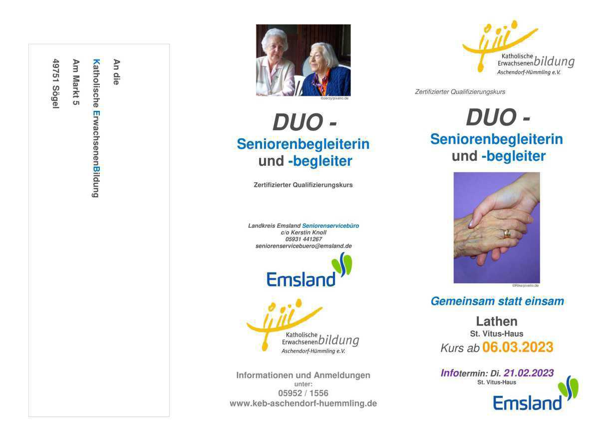 Anmeldungen sind noch möglich!!! Lathen - zertifizierter Qualifizierungskurs "DUO - Seniorenbegleiterin und -begleiter" Anmeldungen sind noch möglich!!! Lathen - zertifizierter Qualifizierungskurs "DUO - Seniorenbegleiterin und -begleiter"