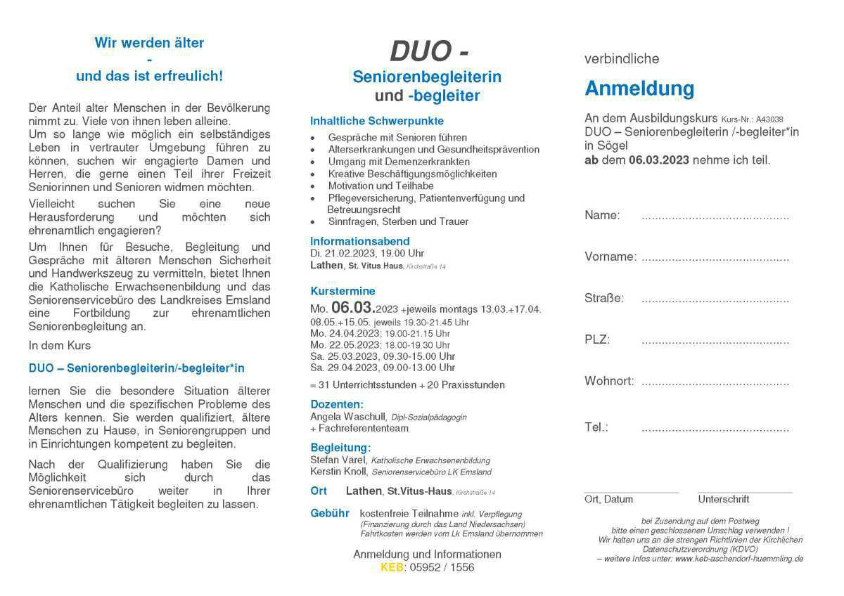 Anmeldungen sind noch möglich!!! Lathen - zertifizierter Qualifizierungskurs "DUO - Seniorenbegleiterin und -begleiter" Anmeldungen sind noch möglich!!! Lathen - zertifizierter Qualifizierungskurs "DUO - Seniorenbegleiterin und -begleiter"