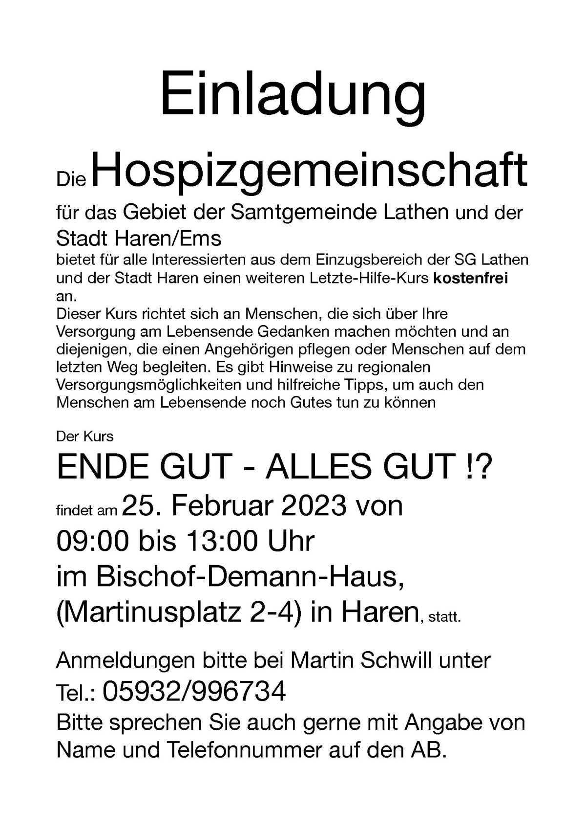 Einladung zum Kurs "ENDE GUT - ALLES GUT!? Einladung zum Kurs "ENDE GUT - ALLES GUT!?
