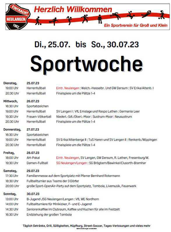Programm der Sportwoche des SV Eintracht Neulangen