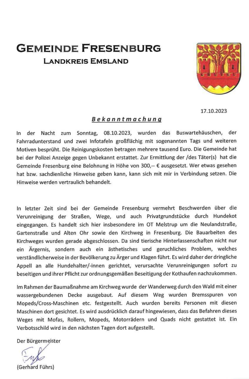 Gemeinde Fresenburg: Bekanntmachung Gemeinde Fresenburg: Bekanntmachung