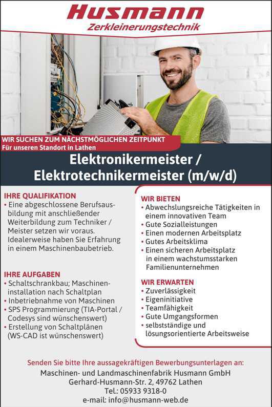 Elektronikermeister / Elektrotechikermeister m/w/d