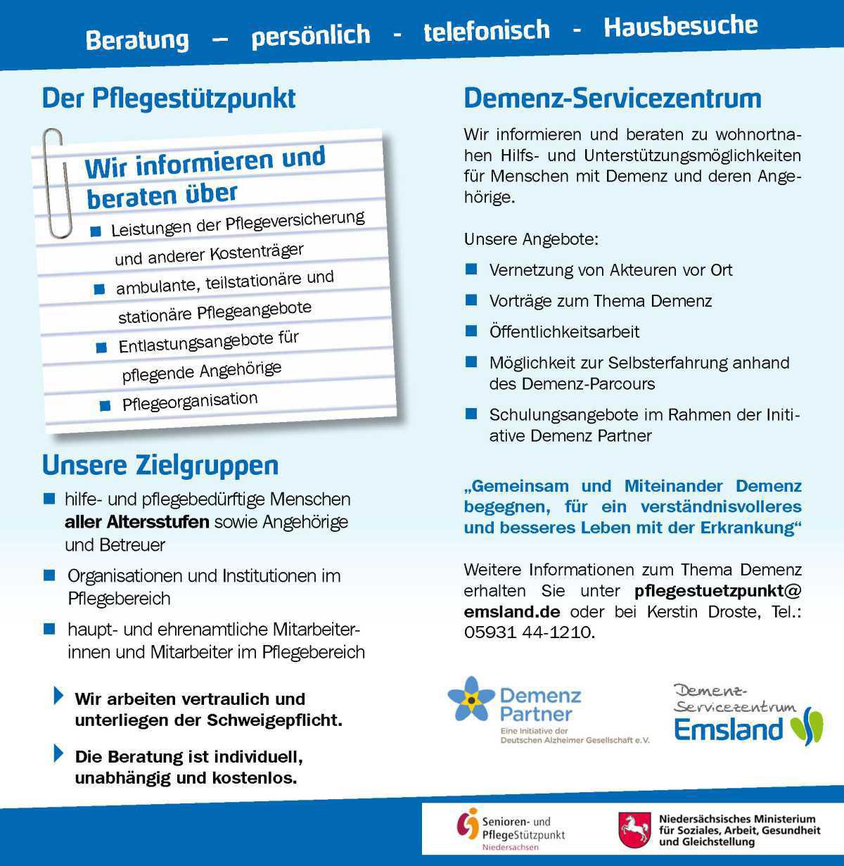 Regelmäßige Sprechzeiten des Senioren- und Pflegestützpunktes mit Demenz-Servicezentrum in Lathen Regelmäßige Sprechzeiten des Senioren- und Pflegestützpunktes mit Demenz-Servicezentrum in Lathen