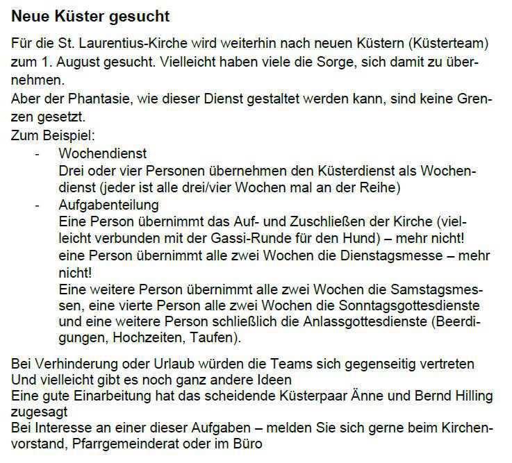 Neue Küster gesucht - St. Laurentius Ober-/Niederlangen