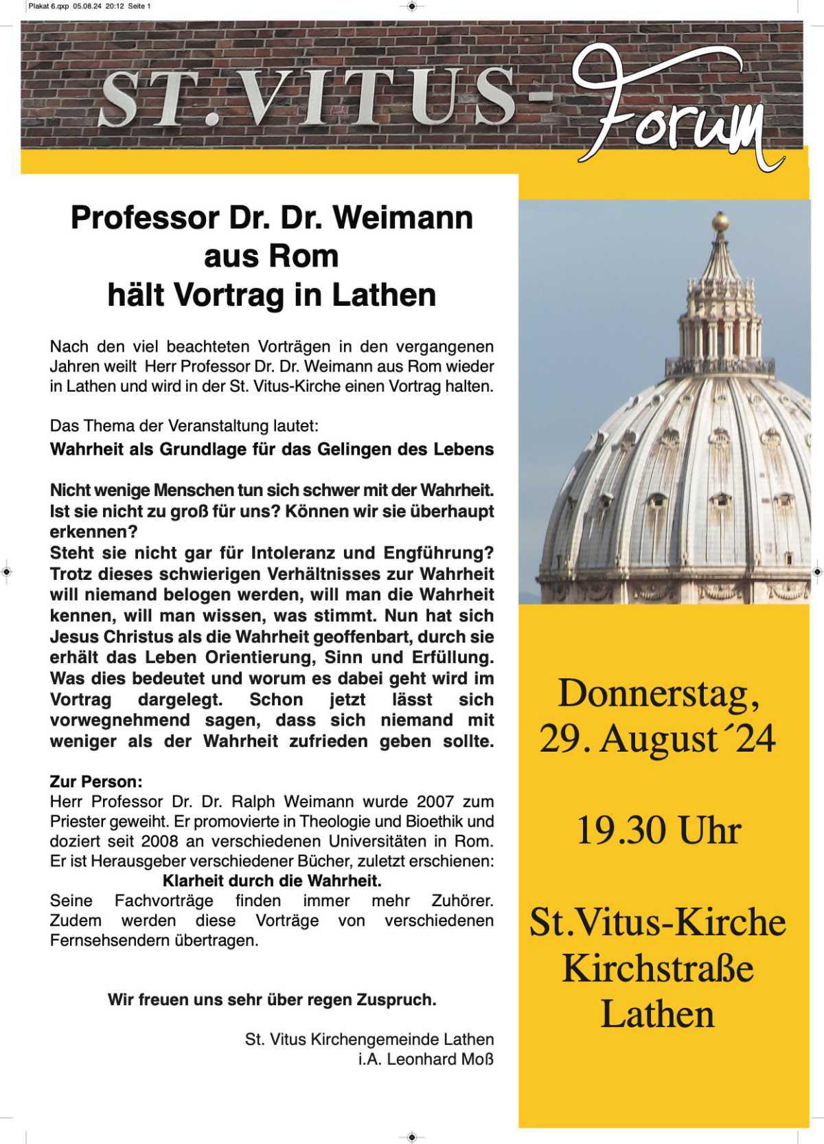 Professor Dr. Dr. Weimann aus Rom hält Vortrag in Lathen