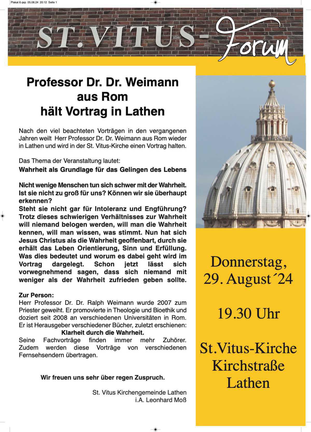 Professor Dr. Dr. Weimann aus Rom hält Vortrag in Lathen Professor Dr. Dr. Weimann aus Rom hält Vortrag in Lathen