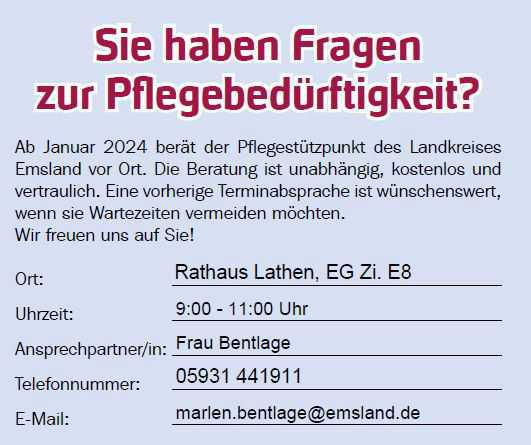 Sprechzeiten des Senioren- und Pflegestützpunktes in Lathen