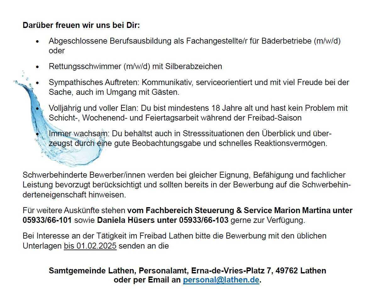 Das Freibad Lathen sucht Unterstützung! Das Freibad Lathen sucht Unterstützung!