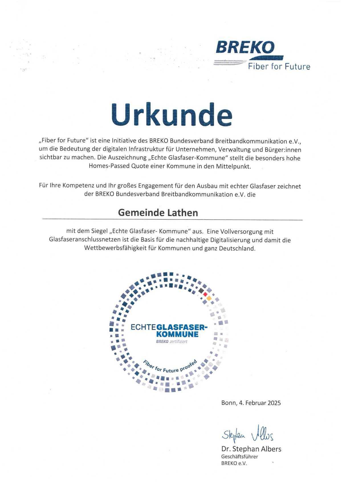 Gemeinde Lathen – als „Echte Glasfaser-Kommune“ ausgezeichnet Gemeinde Lathen – als „Echte Glasfaser-Kommune“ ausgezeichnet