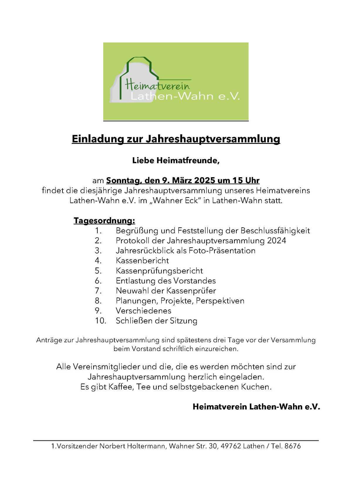 Einladung Jahreshauptversammlung - Heimatverein Lathen-Wahn