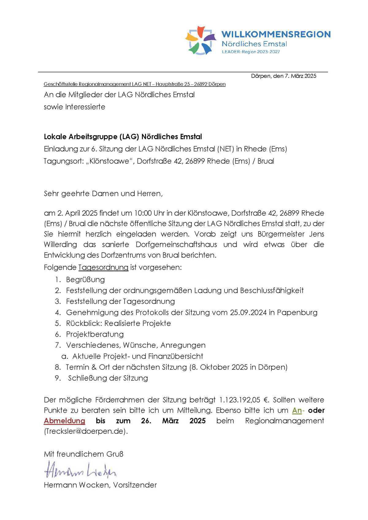 Einladung zur 6. Sitzung der LAG Nördliches Emstal Einladung zur 6. Sitzung der LAG Nördliches Emstal