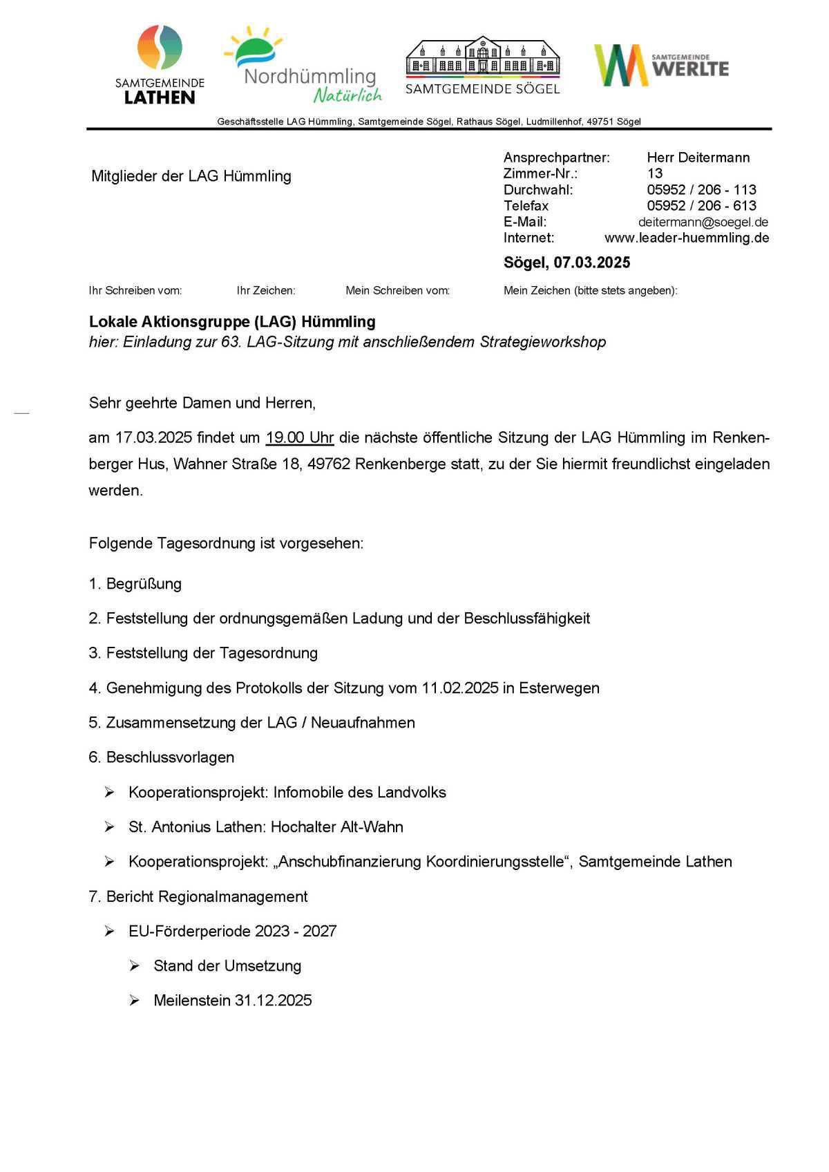 Einladung zur 63. LAG-Sitzung mit anschließendem Strategieworkshop