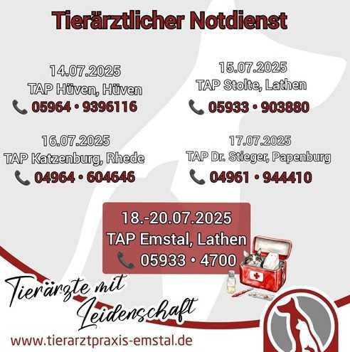 Tierärztlicher Notdienst vom 14.07. bis 20.07.2025