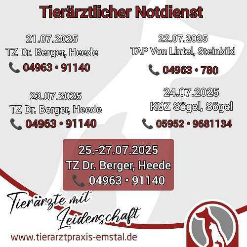 Tierärztlicher Notdienst vom 21.07. bis 27.07.2025