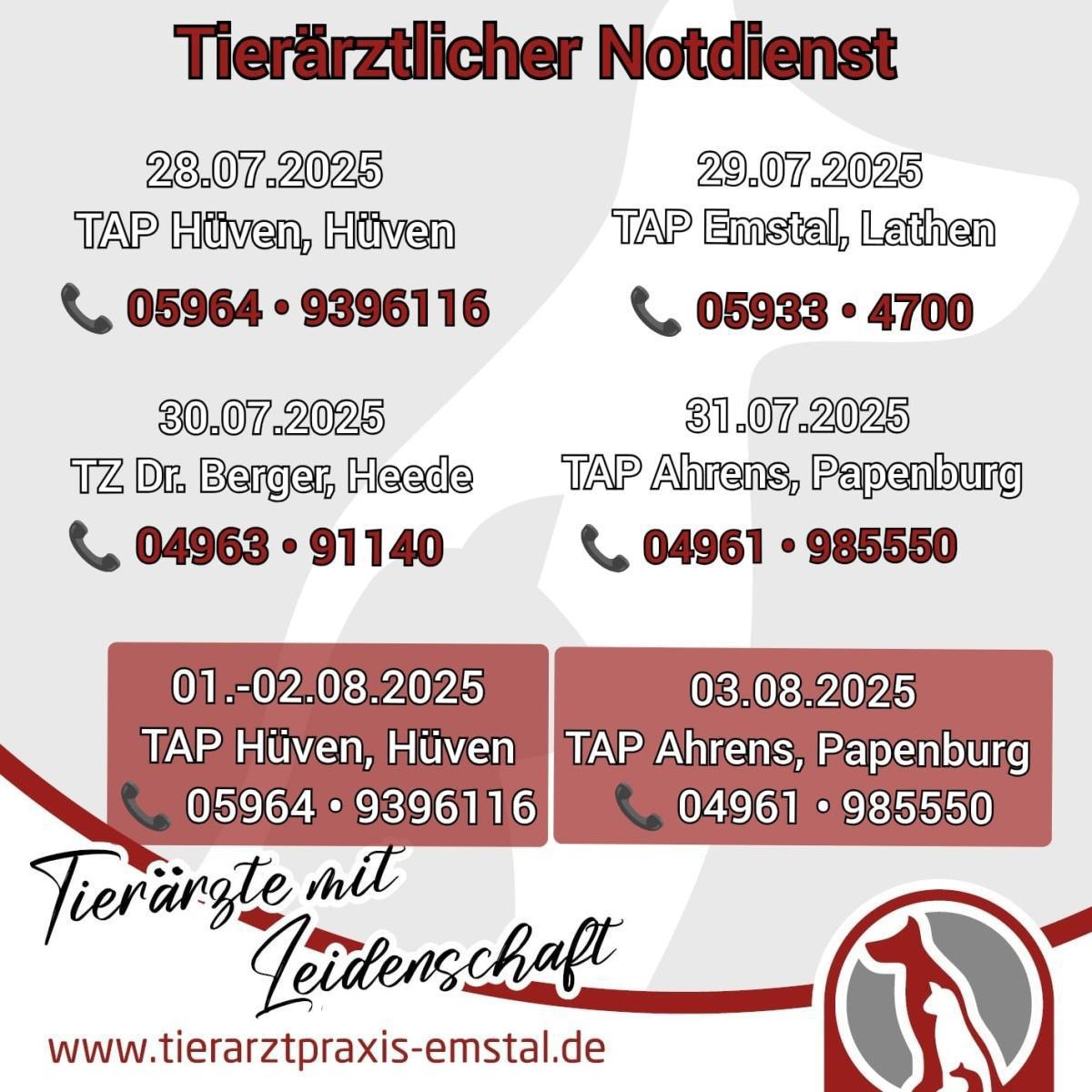 Tierärztlicher Notdienst vom 28.07. bis 03.08.2025