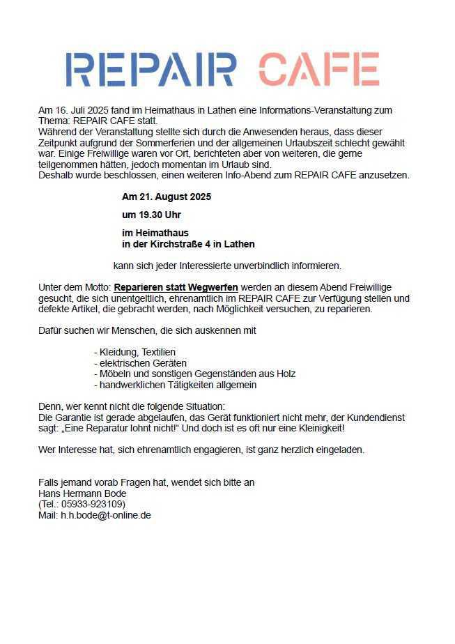 Einladung zur Info Repair Café am 21.08.2025
