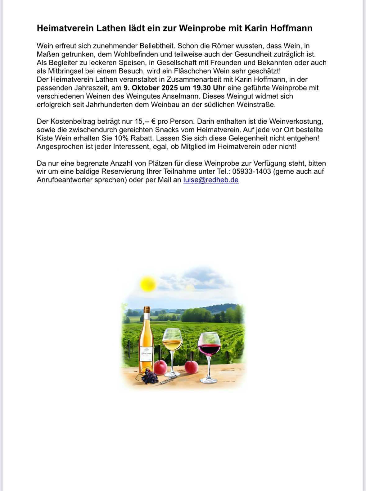 Heimatverein Lathen lädt ein zur Weinprobe mit Karin Hoffmann 