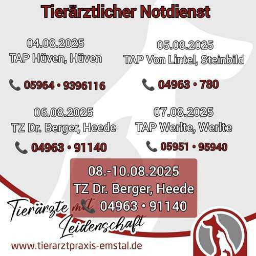 Tierärztlicher Notdienstplan vom 04.08. - 10.08.2025