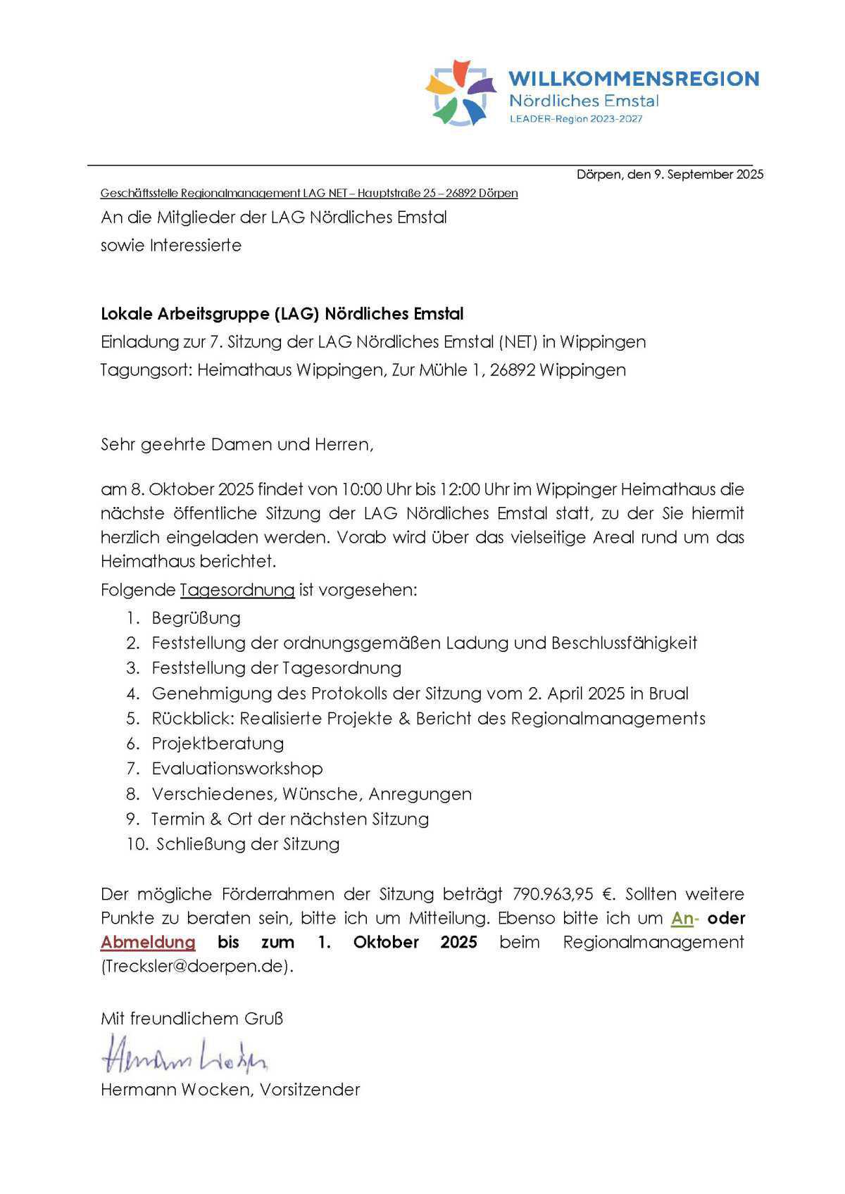 Einladung zur 7. Sitzung der LAG Nördliches Emstal Einladung zur 7. Sitzung der LAG Nördliches Emstal