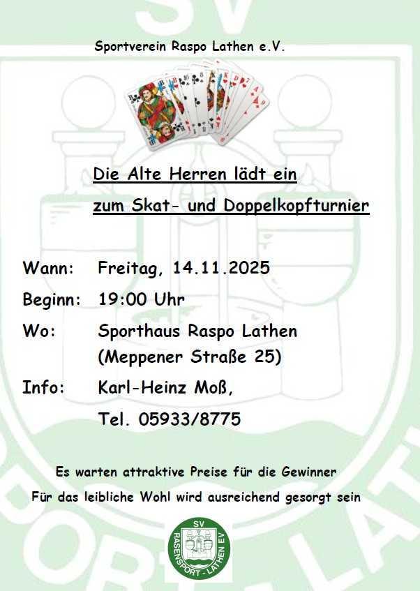 Alte Herren Raspo Lathen lädt ein zum Skat- und Doppelkopfturnier am 14.11.2025