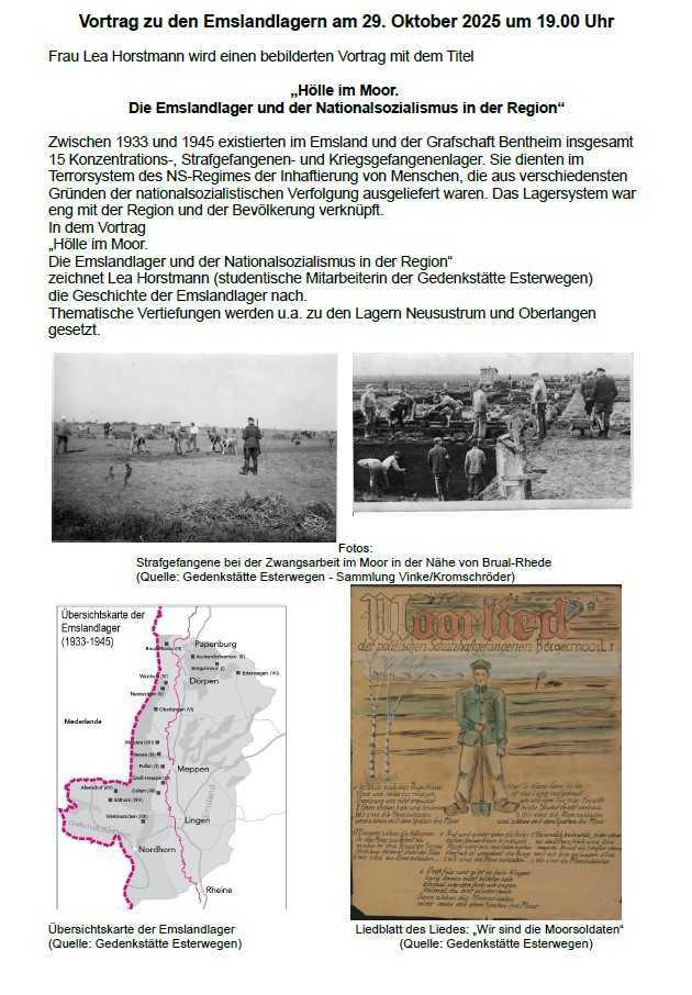 Vortrag zu den Emslandlagern am 29.10.2025 um 19.00 Uhr im Haus des Gastes Vortrag zu den Emslandlagern am 29.10.2025 um 19.00 Uhr im Haus des Gastes