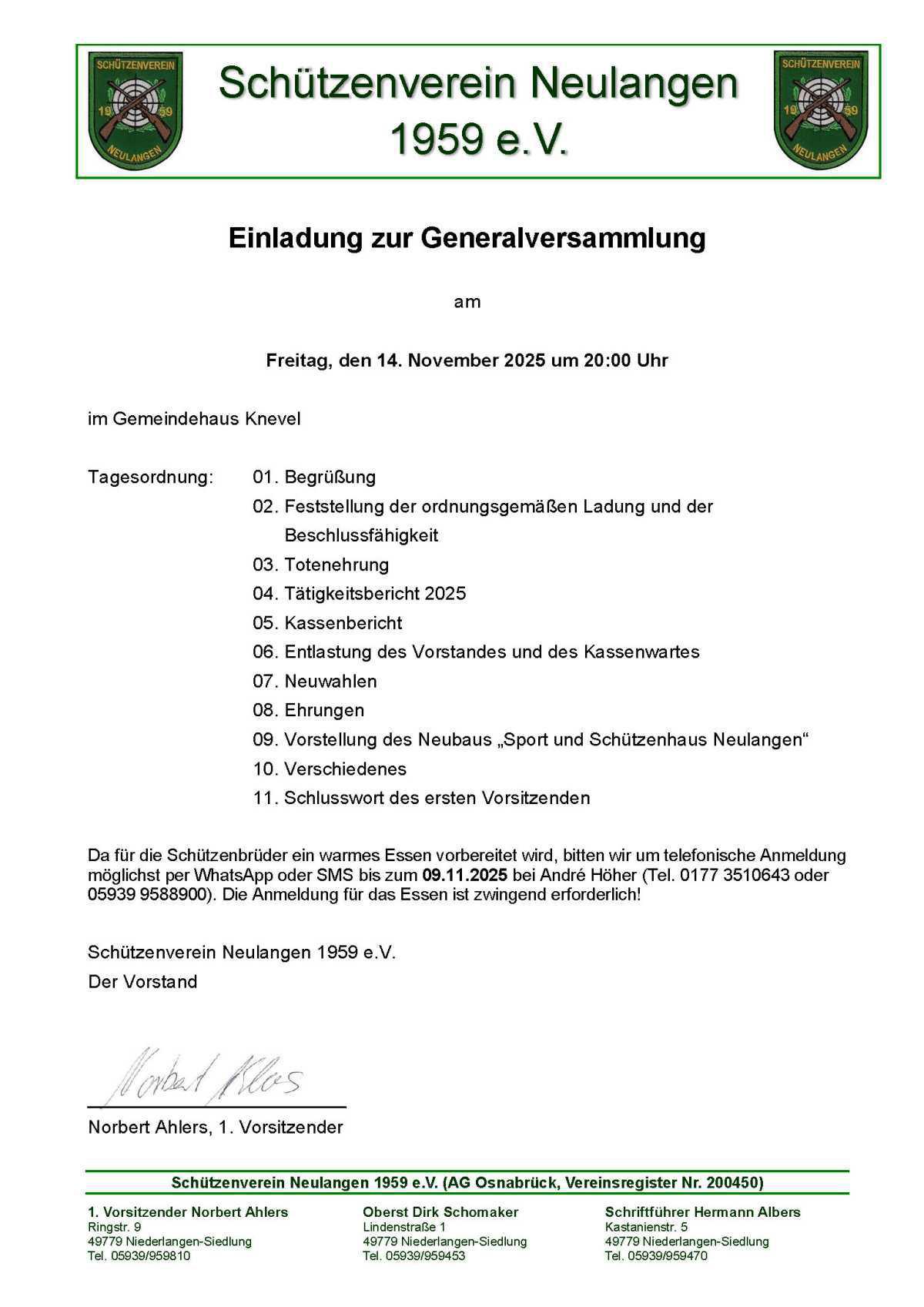 Einladung zur Generalversammlung - Schützenverein Neulangen 