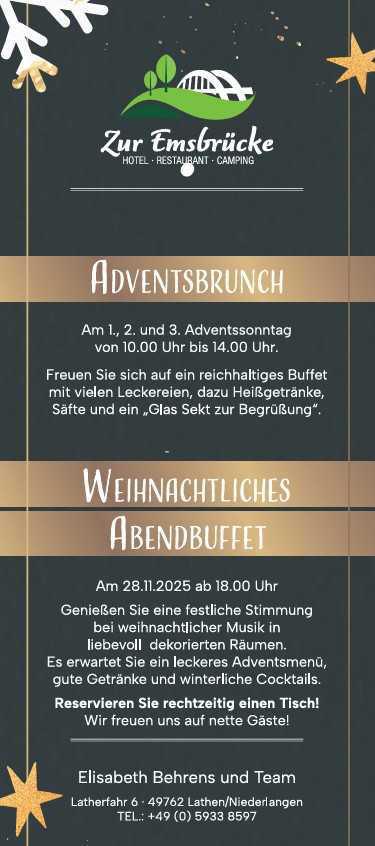Adventsbrunch und Weihnachtliches Abendbuffet im Restaurant "Zur Emsbrücke" 