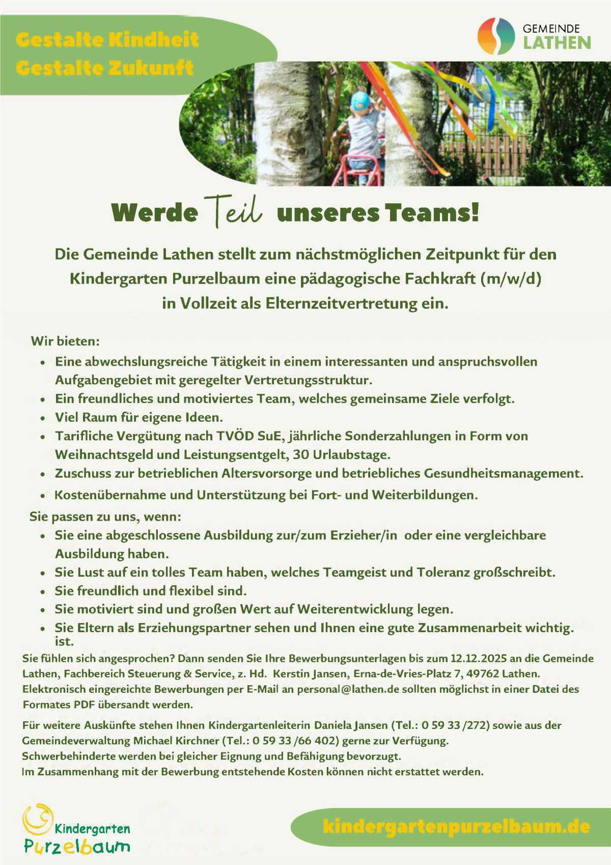 Pädagogische Fachkraft (m/w/d) für den Kindergarten Purzelbaum