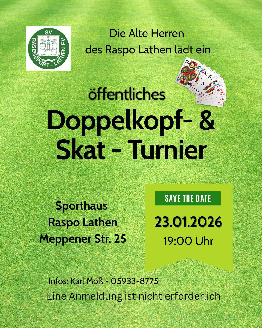 Alte Herren des Raspo Lathen lädt ein zum öffentlichen Doppelkopf- & Skat-Turnier am 23.01.2026 Alte Herren des Raspo Lathen lädt ein zum öffentlichen Doppelkopf- & Skat-Turnier am 23.01.2026