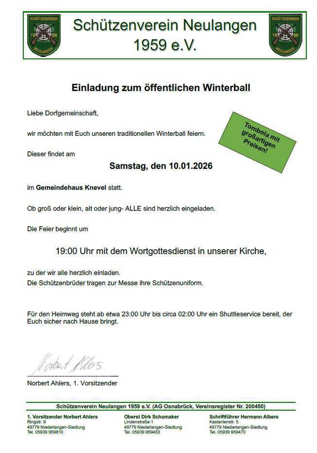 Öffentlicher Winterball - Schützenverein Neulangen 1959 e. V. lädt ein 
