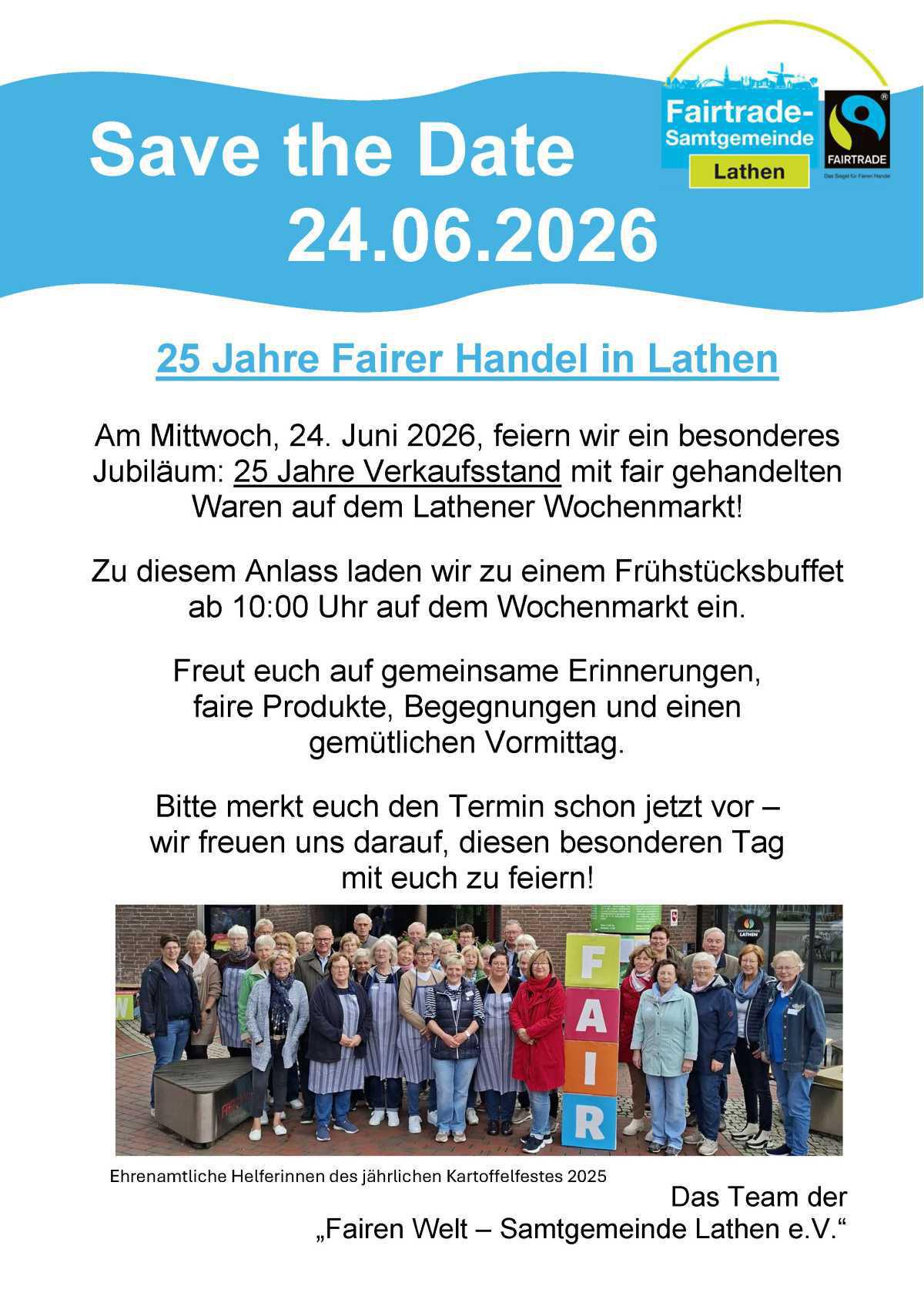 25-jähriges Bestehen des Verkaufsstandes "Faire Welt" auf dem Lathener Wochenmarkt