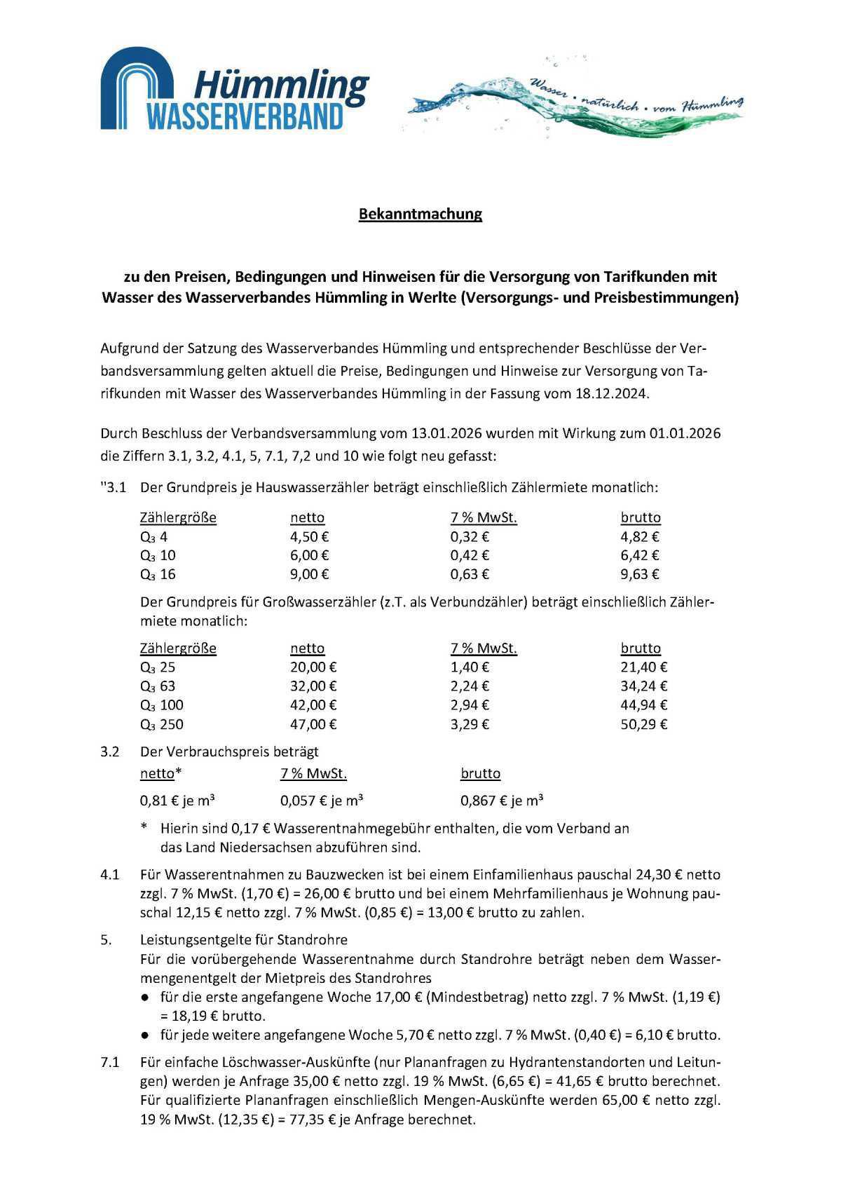 Bekanntmachung des Wasserverbands Hümmling