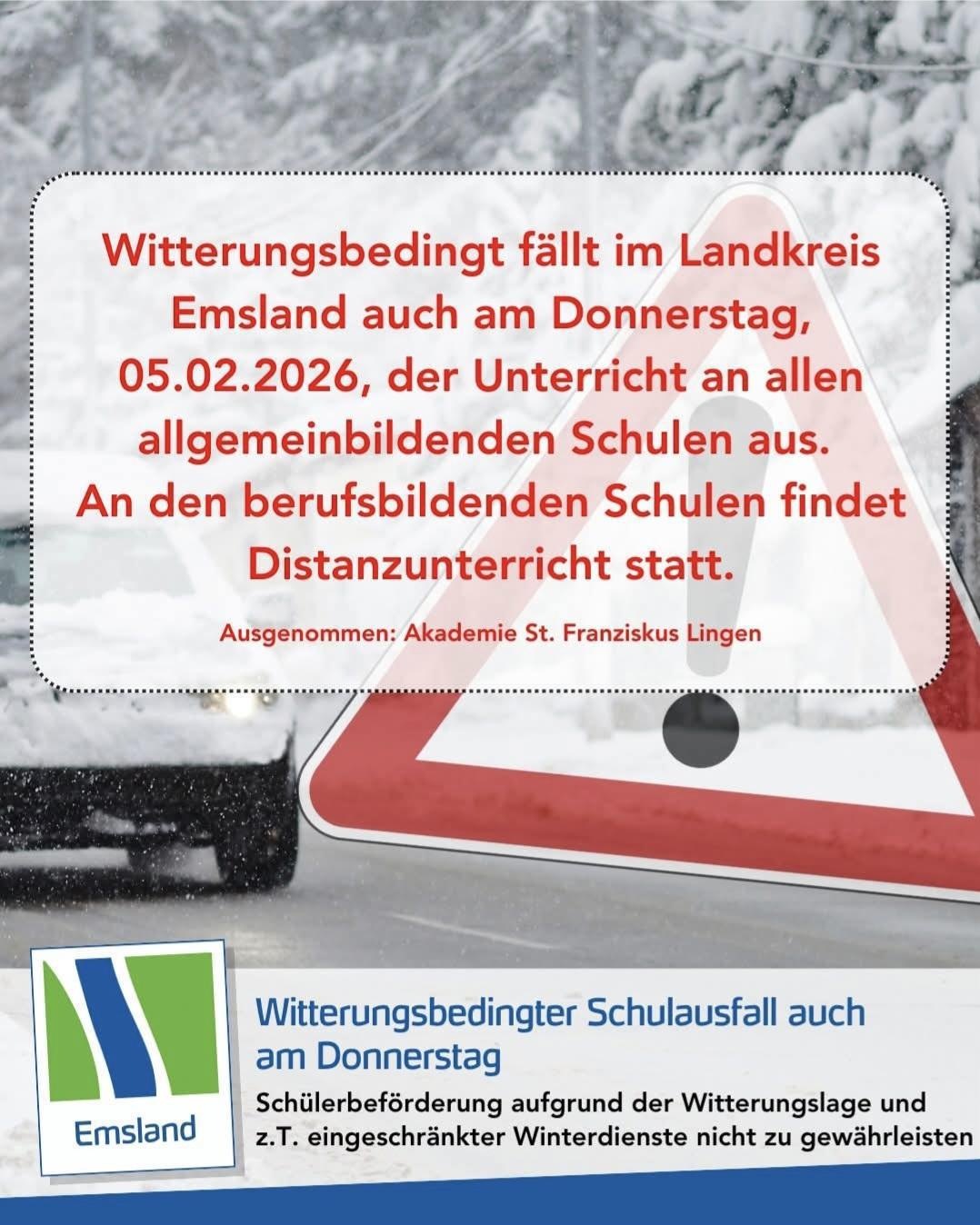 Unterrichtsausfall auch am Donnerstag (05.02.26) Unterrichtsausfall auch am Donnerstag (05.02.26)