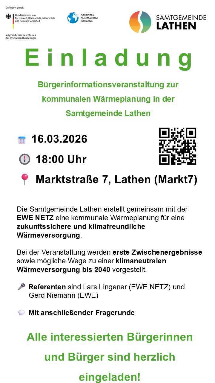 Einladung: Bürgerinformationsveranstaltung zur kommunalen Wärmeplanung in der Samtgemeinde Lathen Einladung: Bürgerinformationsveranstaltung zur kommunalen Wärmeplanung in der Samtgemeinde Lathen