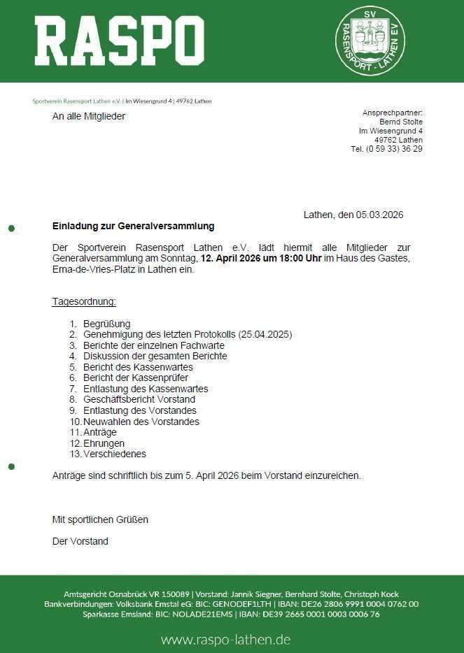 RASPO Lathen lädt ein zur Generalversammlung RASPO Lathen lädt ein zur Generalversammlung