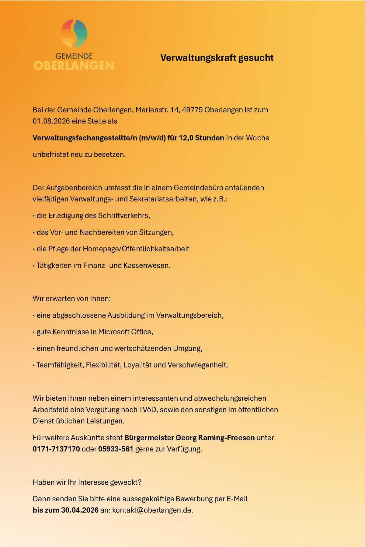 Verwaltungsfachangestellte/n (m/w/d) in Oberlangen gesucht 