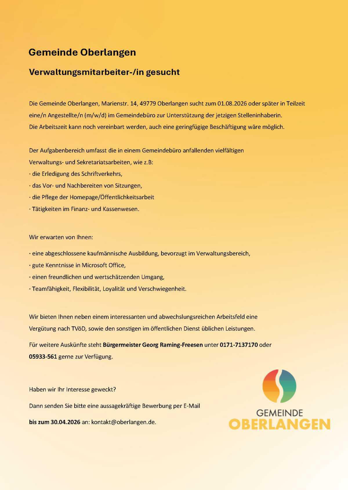 Verwaltungsfachangestellte/n (m/w/d) in Oberlangen gesucht 