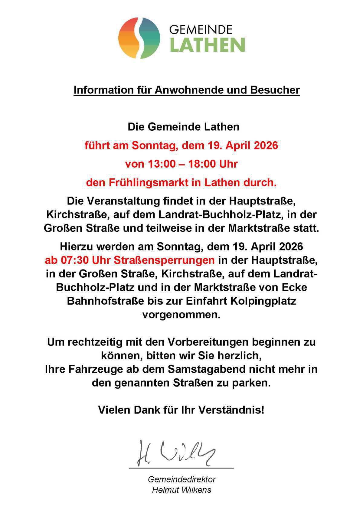 Information für Anwohnende und Besucher zum Lathener Frühlingsfest