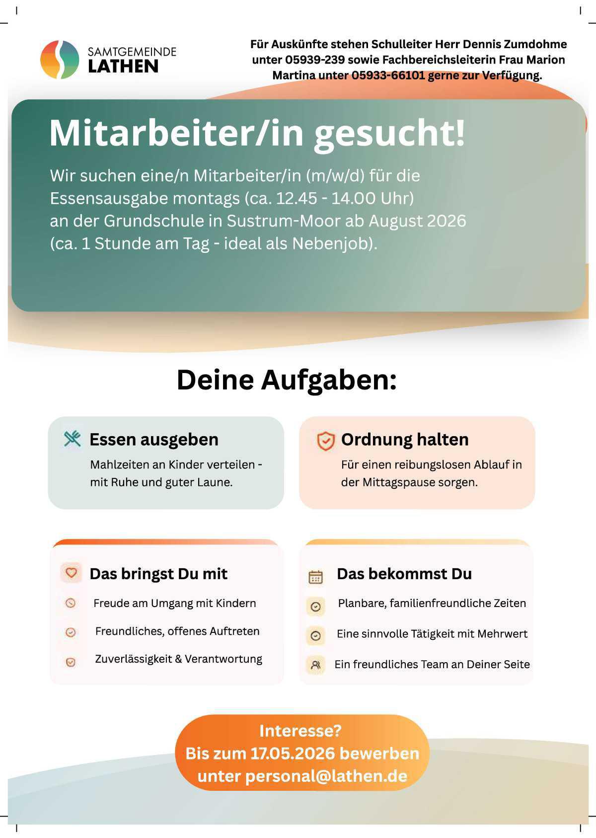 Mitarbeiter für die Grundschule in Sustrum-Moor gesucht! 