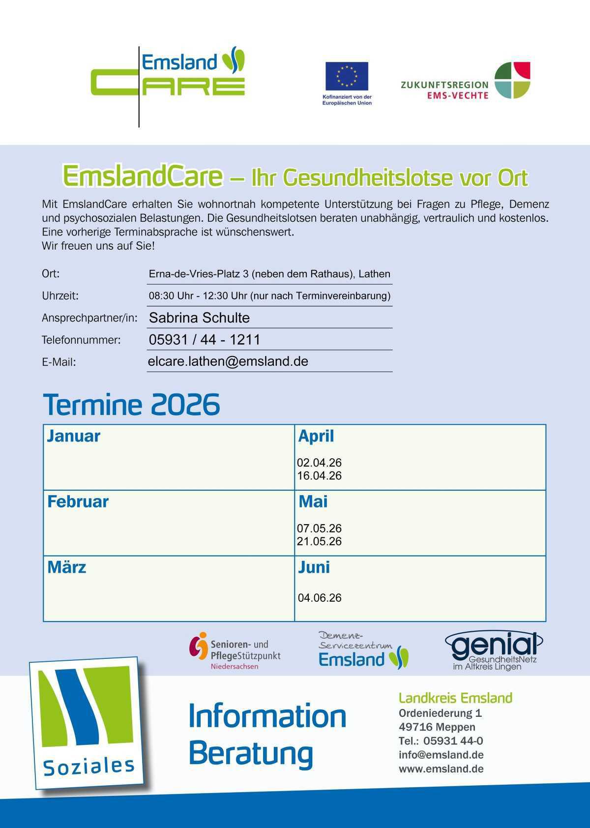 „EmslandCare“ – Ihr Gesundheitslotse vor Ort: am 30.04.2026 „EmslandCare“ – Ihr Gesundheitslotse vor Ort: am 30.04.2026