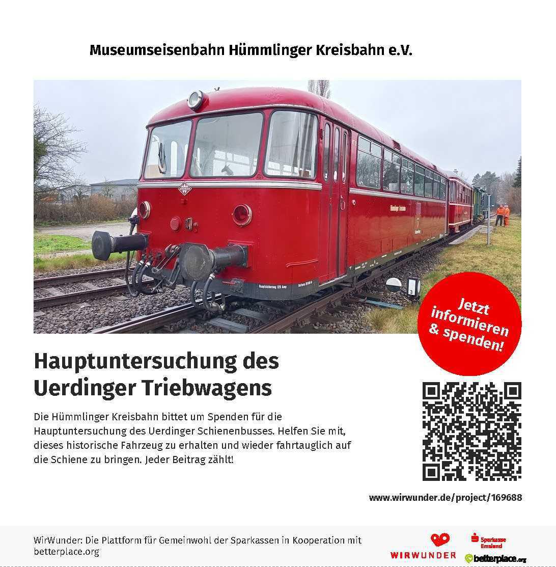 Die Hümmlinger Kreisbahn bittet um Spenden! Hauptuntersuchung des Uerdinger Triebwagens
