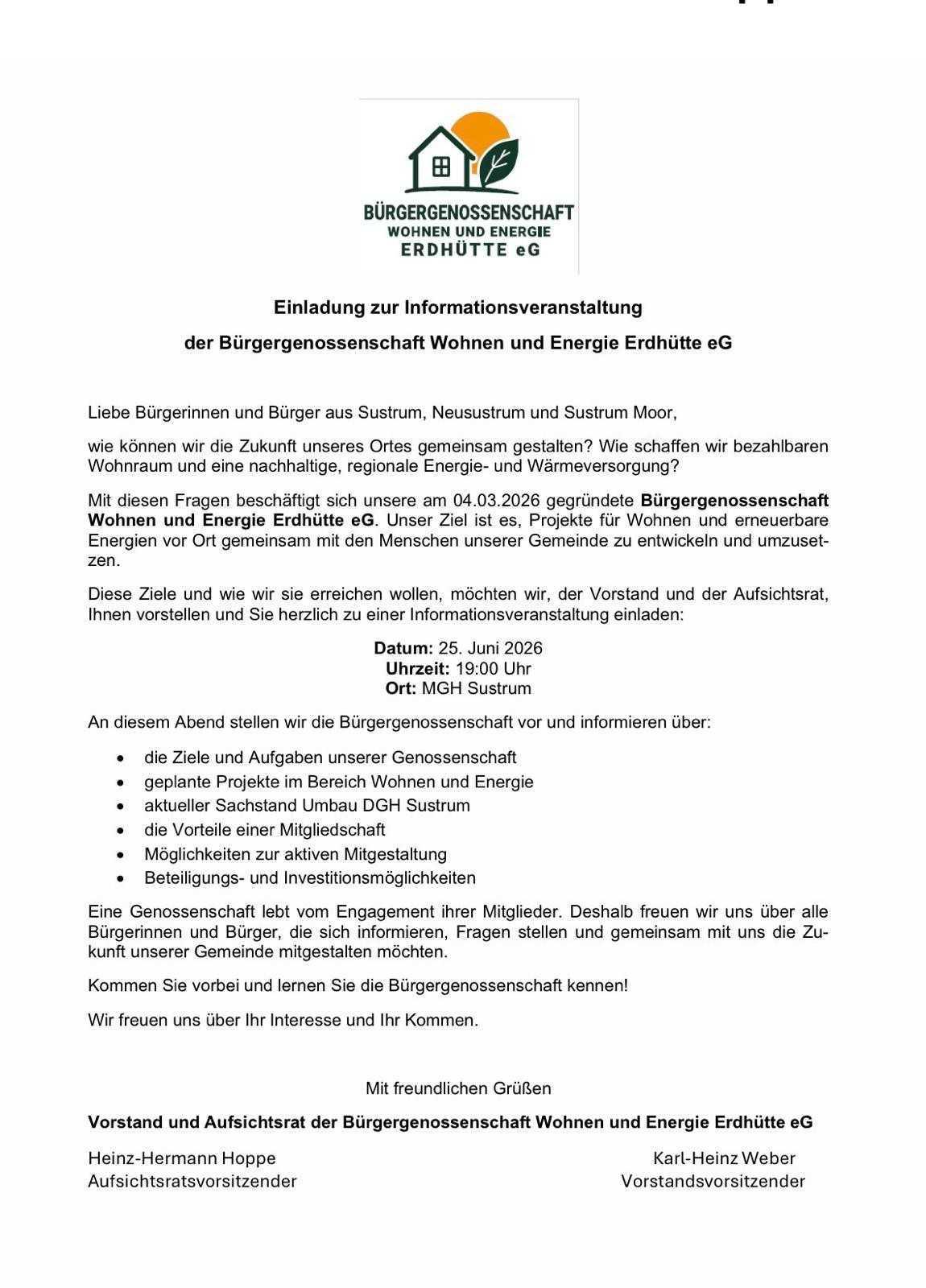 Einladung zur Informationsveranstaltung der Bürgergenossenschaft Wohnen und Energie Erdhütte eG