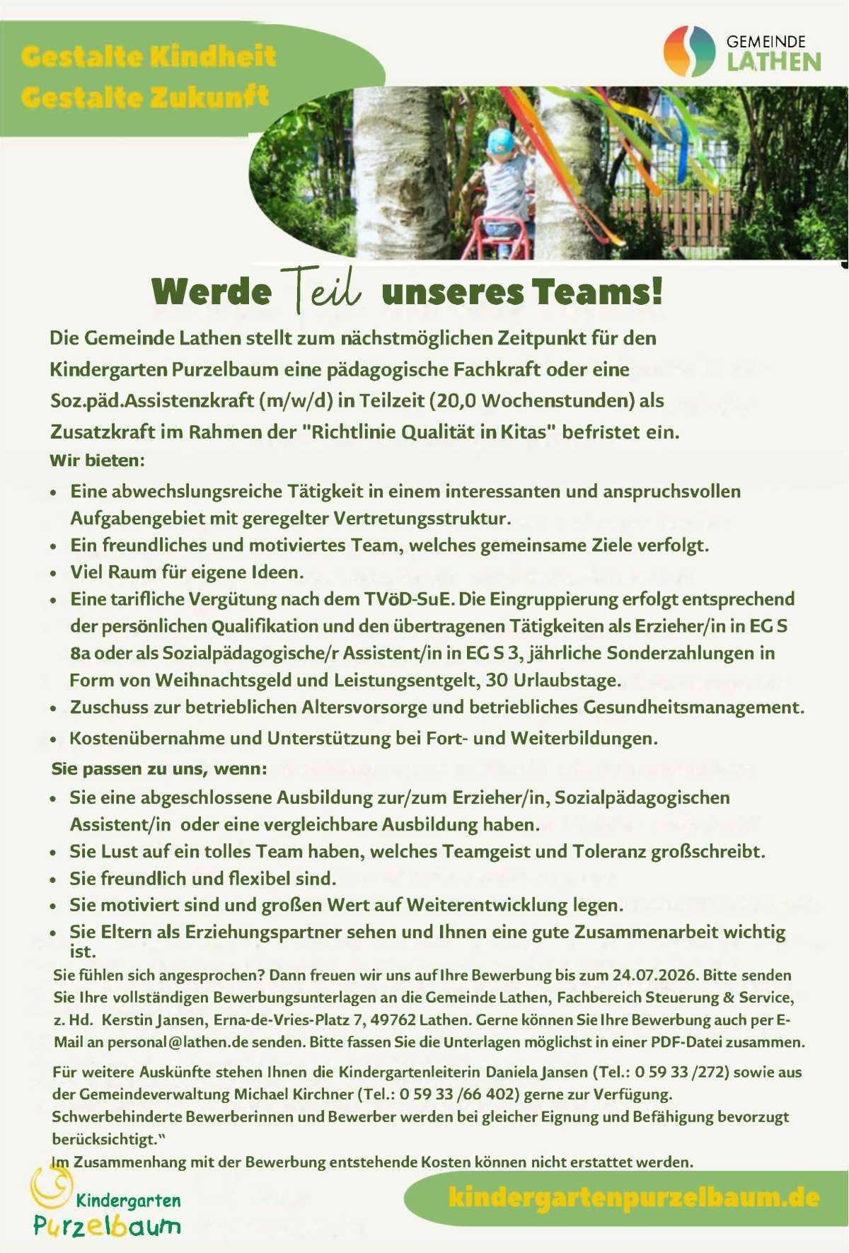 Gesucht wird: Pädagogische Fachkraft oder soz. päd. Assistenzkraft (m/w/d) in Teilzeit